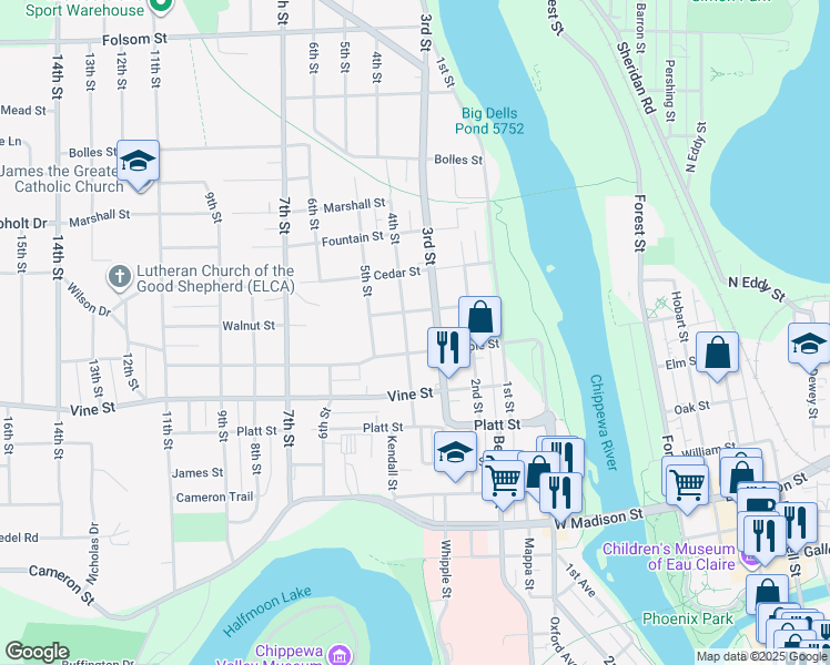 map of restaurants, bars, coffee shops, grocery stores, and more near 324 Walnut Street in Eau Claire