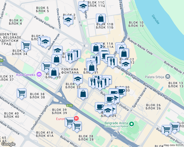 map of restaurants, bars, coffee shops, grocery stores, and more near in Beograd