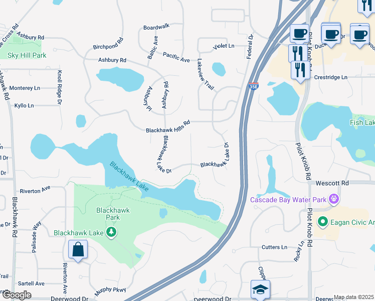 map of restaurants, bars, coffee shops, grocery stores, and more near 3708 Blackhawk Lake Court in Eagan