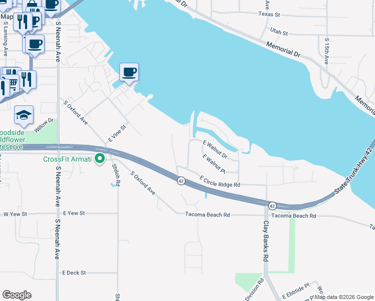 map of restaurants, bars, coffee shops, grocery stores, and more near 818 Ridgeway Drive in Sturgeon Bay