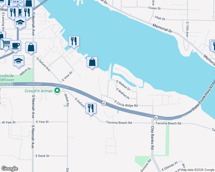 map of restaurants, bars, coffee shops, grocery stores, and more near 818 Ridgeway Drive in Sturgeon Bay