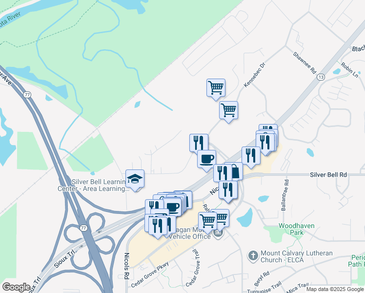 map of restaurants, bars, coffee shops, grocery stores, and more near 2099 Silver Bell Road in Eagan