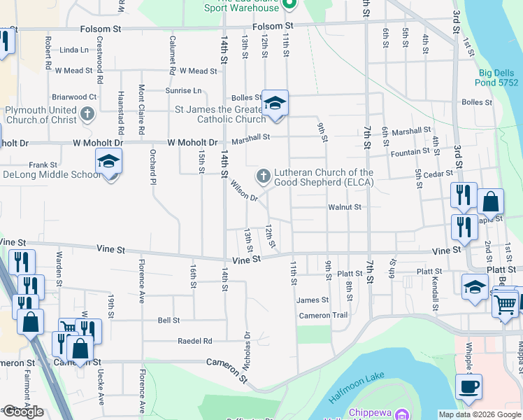 map of restaurants, bars, coffee shops, grocery stores, and more near 2149 12th Street in Eau Claire