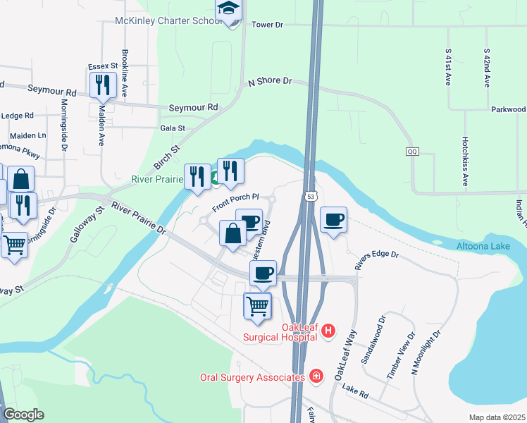 map of restaurants, bars, coffee shops, grocery stores, and more near 1658 Bluestem Boulevard in Altoona
