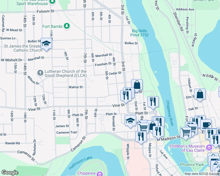 map of restaurants, bars, coffee shops, grocery stores, and more near 2207 5th Street in Eau Claire