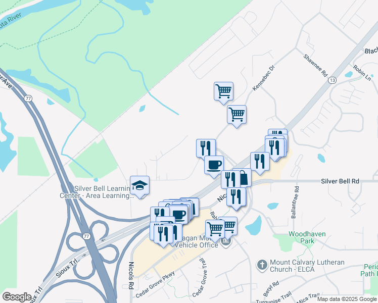 map of restaurants, bars, coffee shops, grocery stores, and more near 2101 Wuthering Heights Road in Eagan