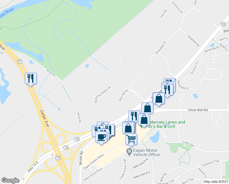 map of restaurants, bars, coffee shops, grocery stores, and more near 2101 Wuthering Heights Road in Eagan