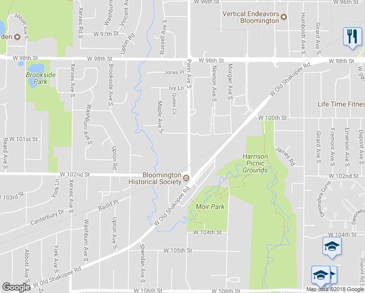 map of restaurants, bars, coffee shops, grocery stores, and more near 2301 Maple Avenue South in Bloomington