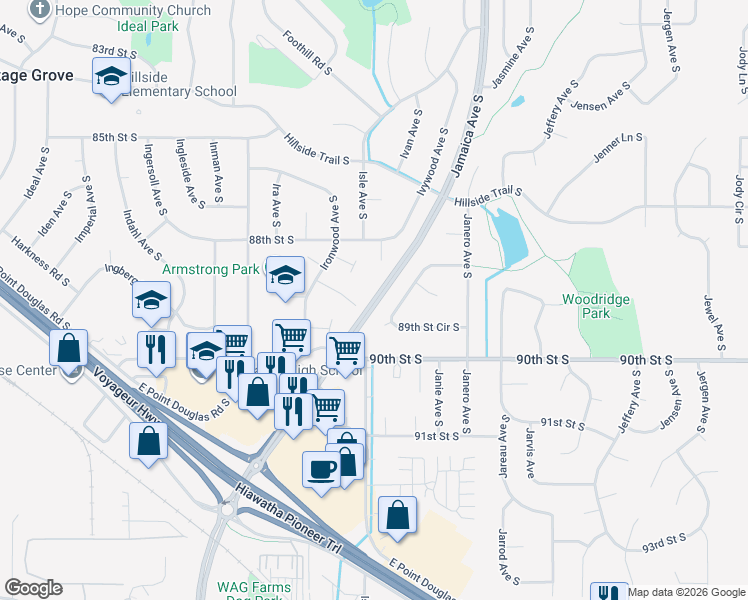 map of restaurants, bars, coffee shops, grocery stores, and more near 8836 Upper 89th Street Circle South in Cottage Grove
