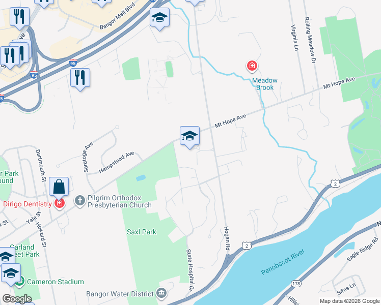 map of restaurants, bars, coffee shops, grocery stores, and more near 200 Hogan Road in Bangor