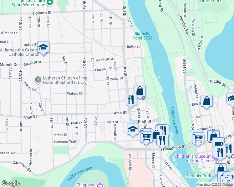 map of restaurants, bars, coffee shops, grocery stores, and more near 324 Walnut Street in Eau Claire