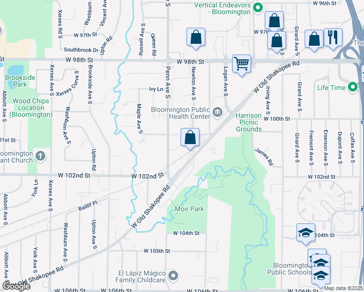 map of restaurants, bars, coffee shops, grocery stores, and more near 10041 Penn Avenue South in Bloomington