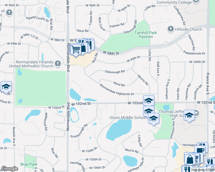 map of restaurants, bars, coffee shops, grocery stores, and more near 10041 Nord Road in Minneapolis