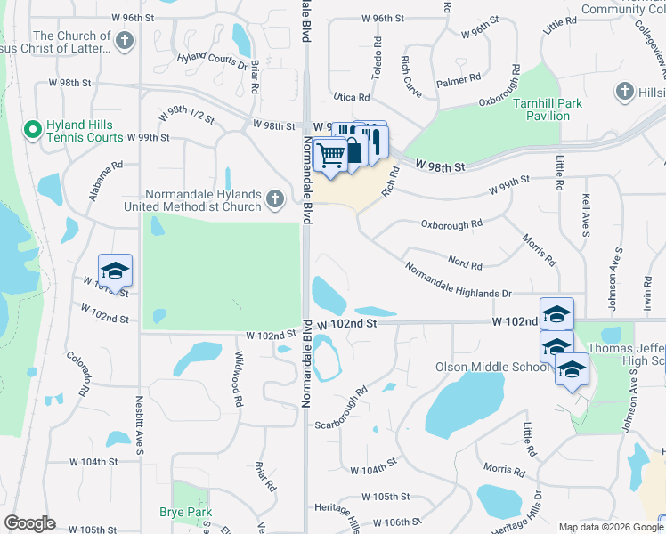 map of restaurants, bars, coffee shops, grocery stores, and more near 5200 West 102nd Street in Minneapolis