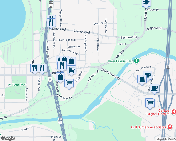 map of restaurants, bars, coffee shops, grocery stores, and more near in Eau Claire