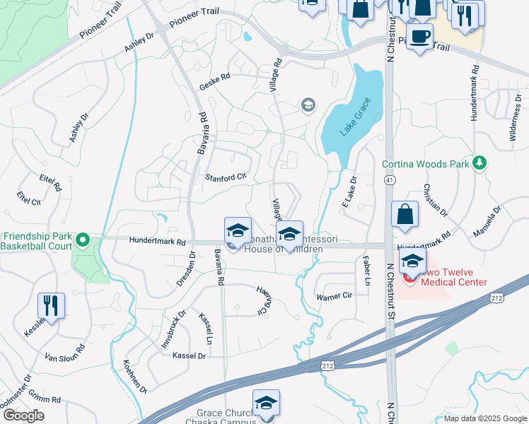 map of restaurants, bars, coffee shops, grocery stores, and more near 111301 Village Road in Chaska