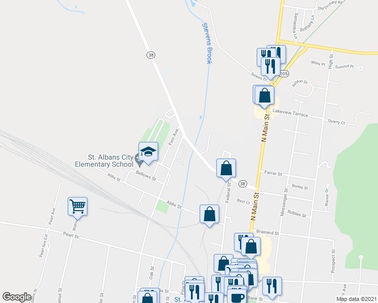 map of restaurants, bars, coffee shops, grocery stores, and more near 145 North Elm Street in St. Albans
