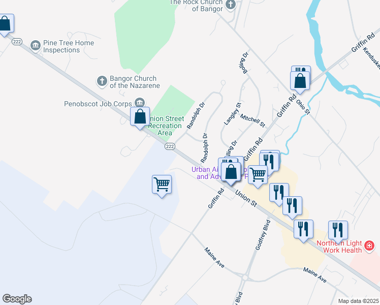 map of restaurants, bars, coffee shops, grocery stores, and more near 1285 Union Street in Bangor