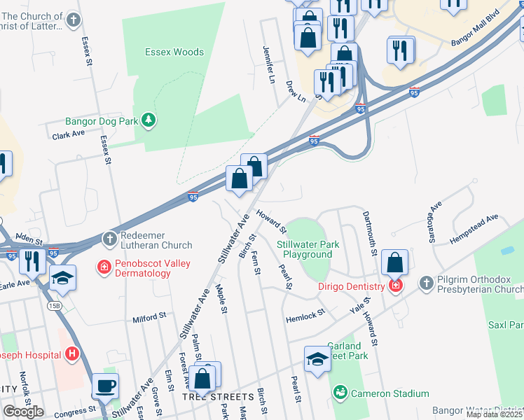 map of restaurants, bars, coffee shops, grocery stores, and more near 321 Stillwater Avenue in Bangor