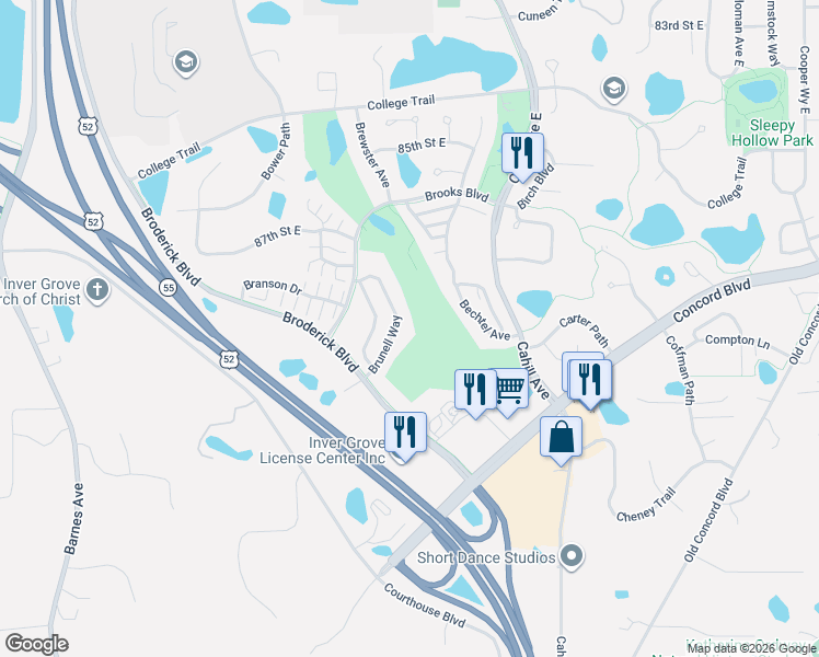 map of restaurants, bars, coffee shops, grocery stores, and more near 8919 Cahill Avenue in Inver Grove Heights