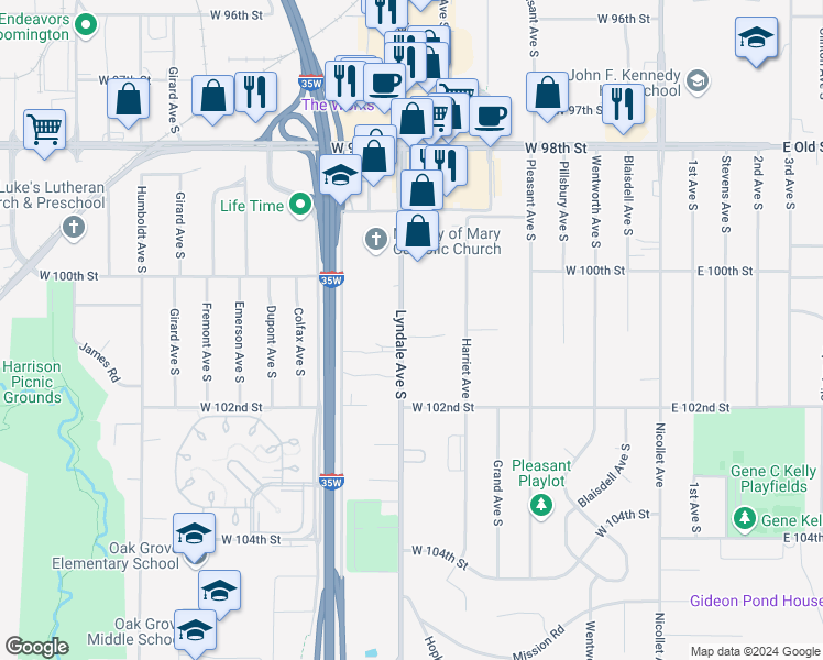 map of restaurants, bars, coffee shops, grocery stores, and more near 10031 Lyndale Avenue South in Bloomington
