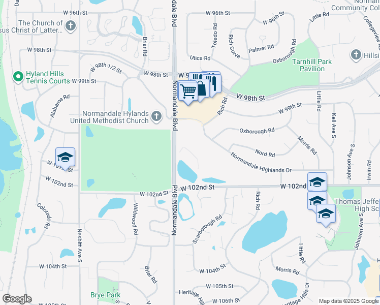 map of restaurants, bars, coffee shops, grocery stores, and more near 5200 West 102nd Street in Minneapolis