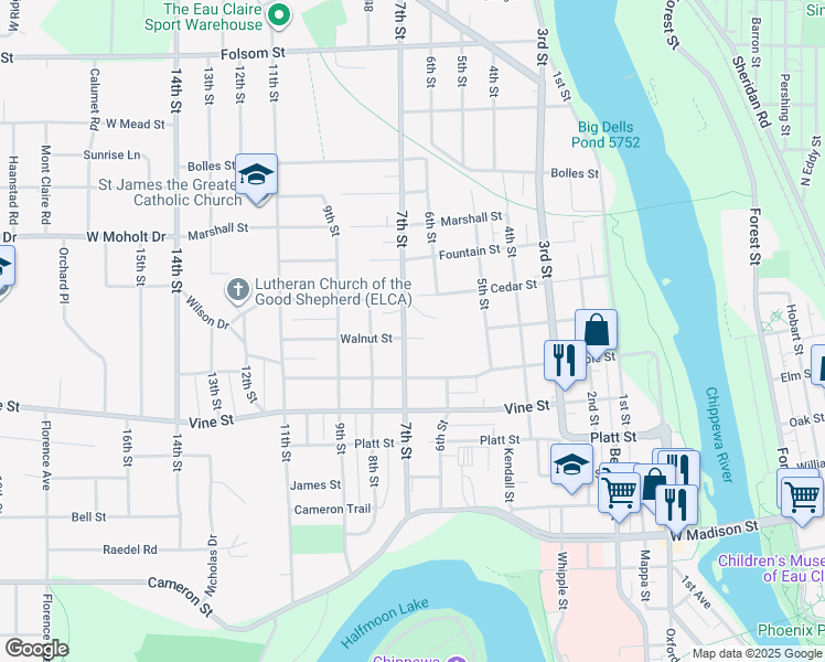 map of restaurants, bars, coffee shops, grocery stores, and more near 624 Walnut Street in Eau Claire