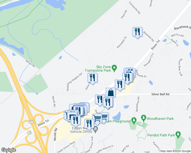 map of restaurants, bars, coffee shops, grocery stores, and more near 1999 Silver Bell Road in Saint Paul
