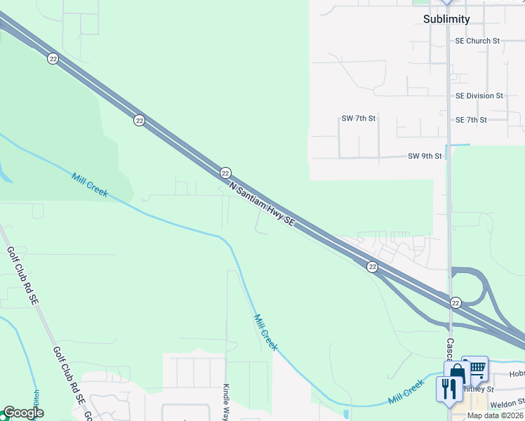 map of restaurants, bars, coffee shops, grocery stores, and more near Golf Lane in Sublimity