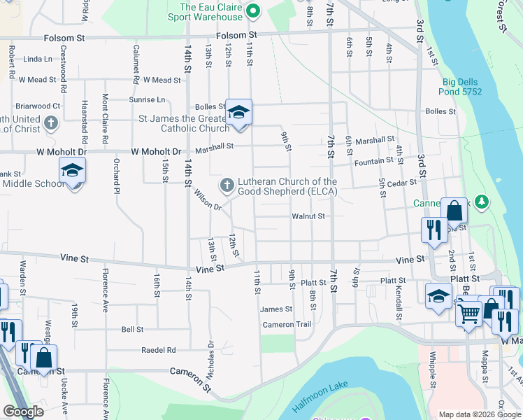 map of restaurants, bars, coffee shops, grocery stores, and more near 934 Walnut Street in Eau Claire