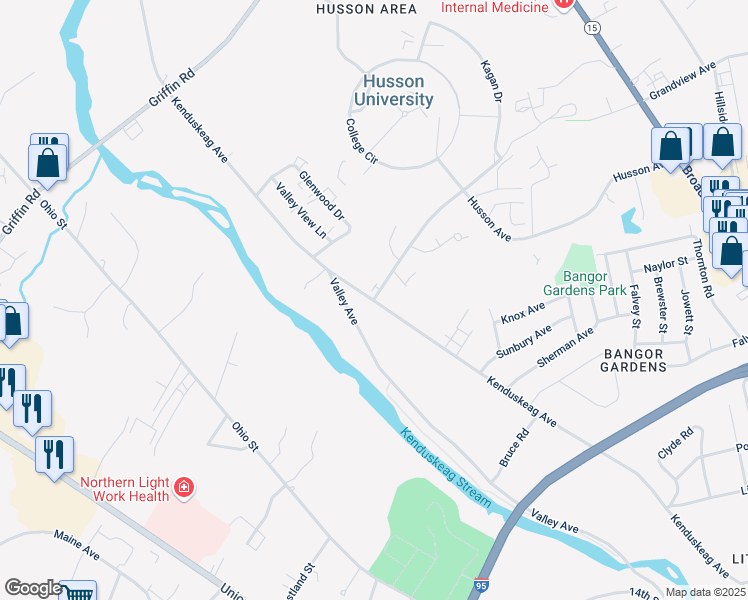 map of restaurants, bars, coffee shops, grocery stores, and more near 1 Husson Avenue in Bangor