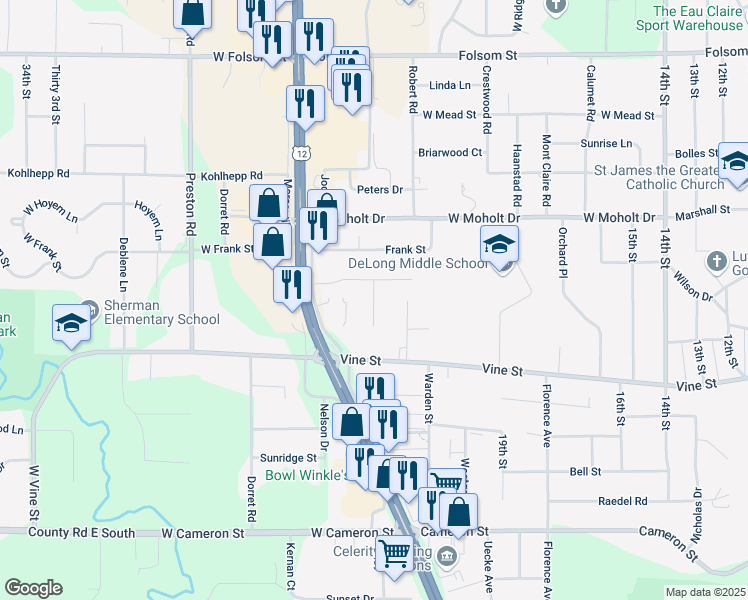 map of restaurants, bars, coffee shops, grocery stores, and more near 2123 Mittelstadt Lane in Eau Claire