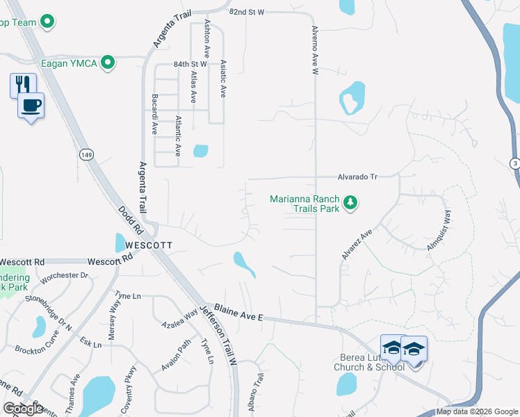 map of restaurants, bars, coffee shops, grocery stores, and more near 8830 Aviary Path in Inver Grove Heights