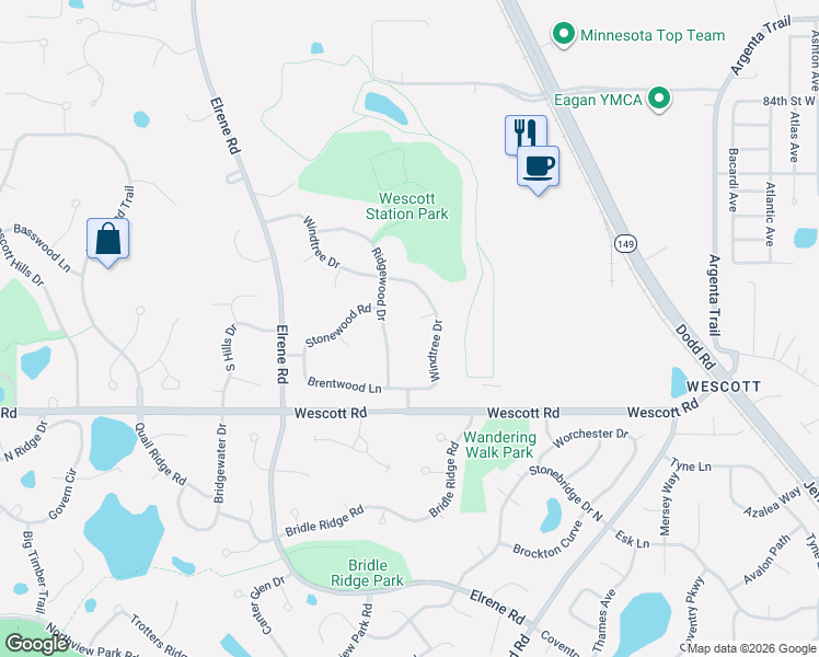 map of restaurants, bars, coffee shops, grocery stores, and more near 3736 Ridgewood Drive in Eagan
