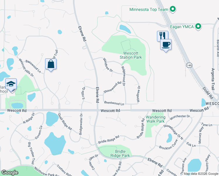 map of restaurants, bars, coffee shops, grocery stores, and more near 704 Stonewood Road in Eagan