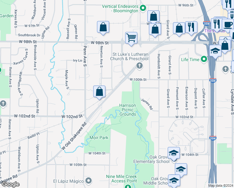 map of restaurants, bars, coffee shops, grocery stores, and more near in Bloomington