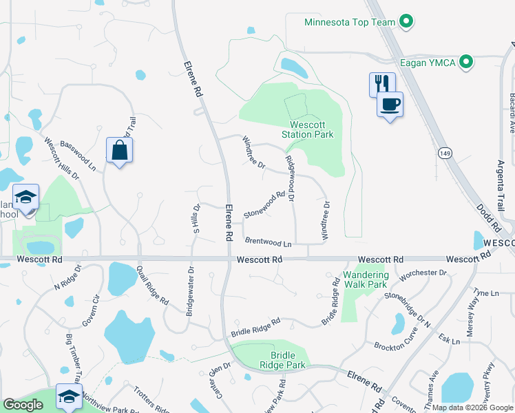 map of restaurants, bars, coffee shops, grocery stores, and more near 704 Stonewood Road in Eagan