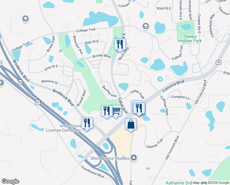 map of restaurants, bars, coffee shops, grocery stores, and more near 8760 Bechtel Avenue in Inver Grove Heights