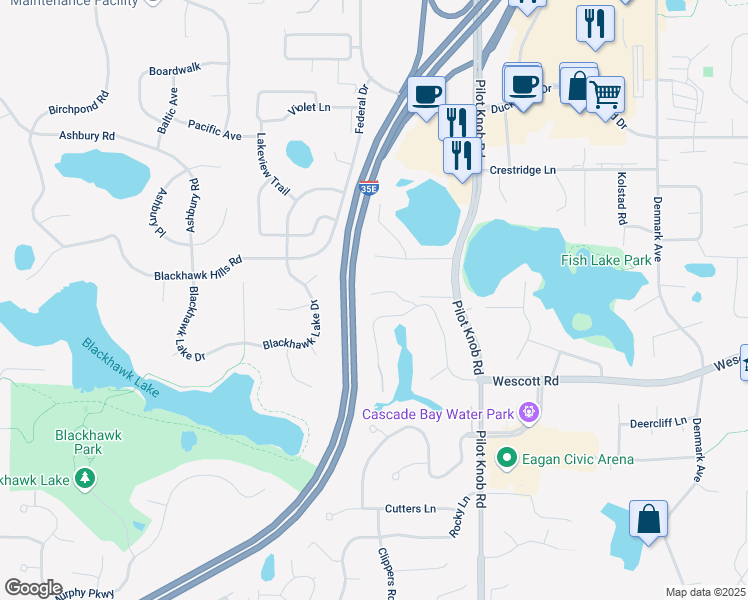 map of restaurants, bars, coffee shops, grocery stores, and more near 1466 Kingswood Pond Road in Eagan