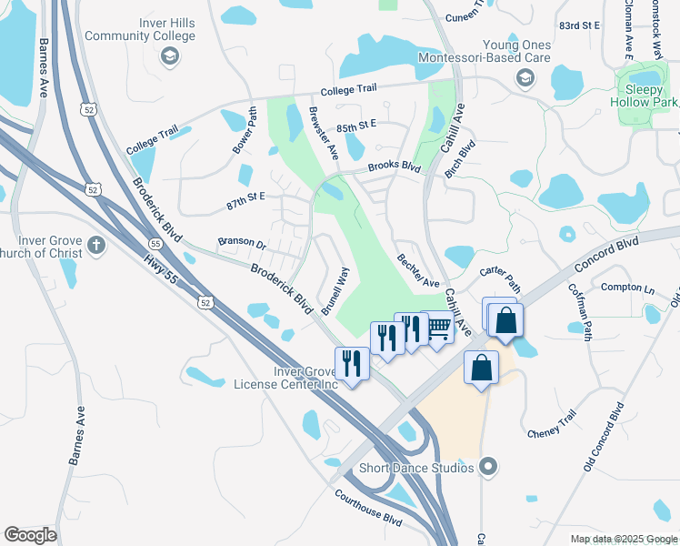 map of restaurants, bars, coffee shops, grocery stores, and more near 8843 Brunell Way in Inver Grove Heights