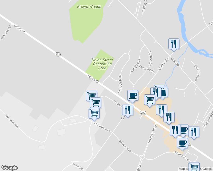 map of restaurants, bars, coffee shops, grocery stores, and more near 1285 Union Street in Bangor