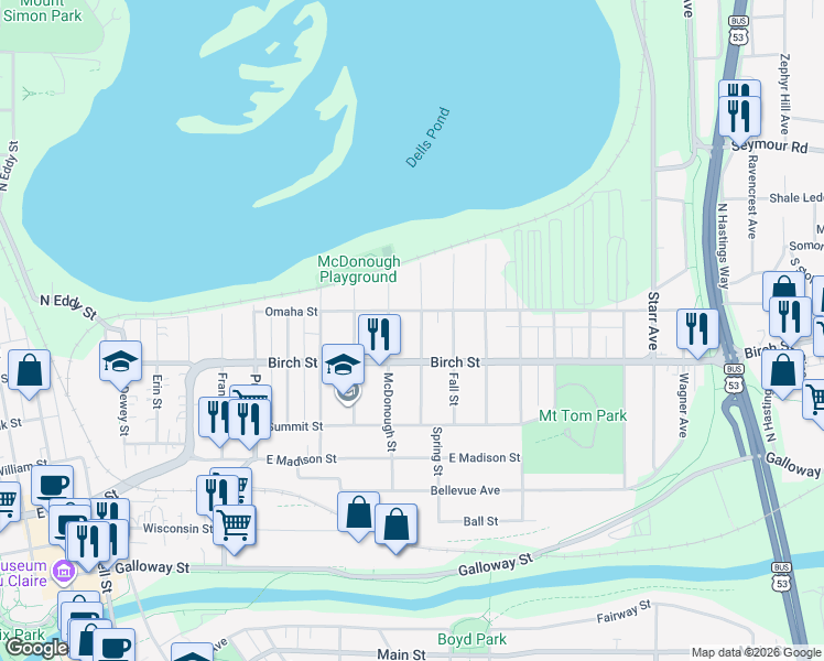 map of restaurants, bars, coffee shops, grocery stores, and more near 626 Spring Street in Eau Claire