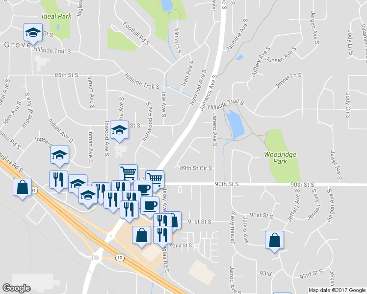 map of restaurants, bars, coffee shops, grocery stores, and more near 8836 Upper 89th Street Circle South in Cottage Grove