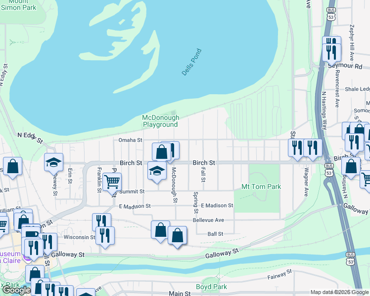 map of restaurants, bars, coffee shops, grocery stores, and more near 626 Spring Street in Eau Claire