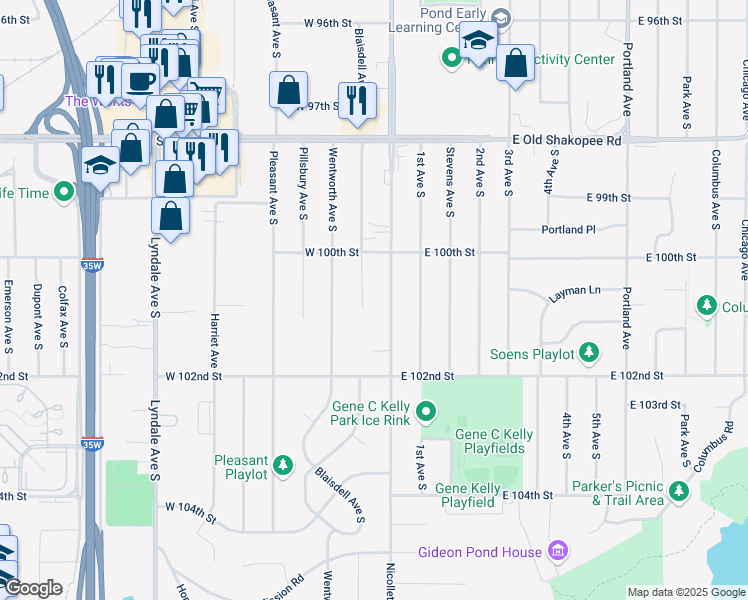 map of restaurants, bars, coffee shops, grocery stores, and more near 10044 Nicollet Avenue in Minneapolis