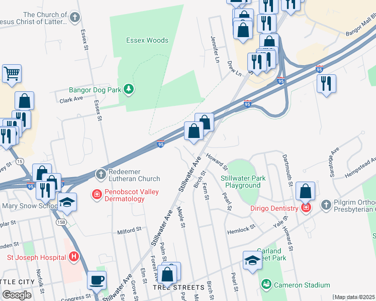 map of restaurants, bars, coffee shops, grocery stores, and more near Interstate 95 in Bangor