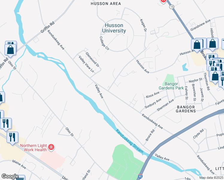 map of restaurants, bars, coffee shops, grocery stores, and more near 1 Husson Avenue in Bangor