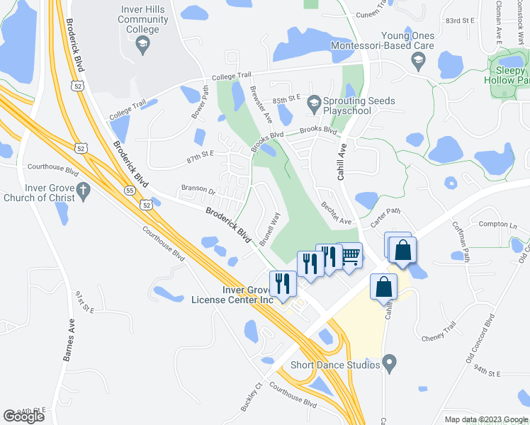map of restaurants, bars, coffee shops, grocery stores, and more near 8843 Brunell Way in Inver Grove Heights