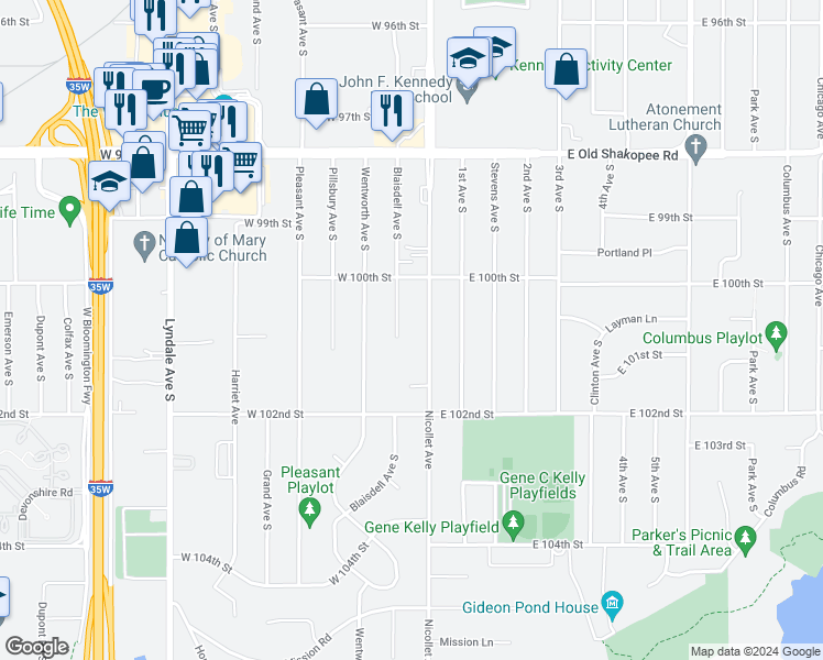 map of restaurants, bars, coffee shops, grocery stores, and more near 10044 Nicollet Avenue in Minneapolis