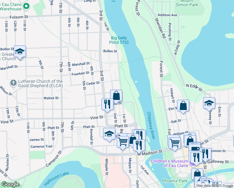 map of restaurants, bars, coffee shops, grocery stores, and more near 105 Walnut Street in Eau Claire